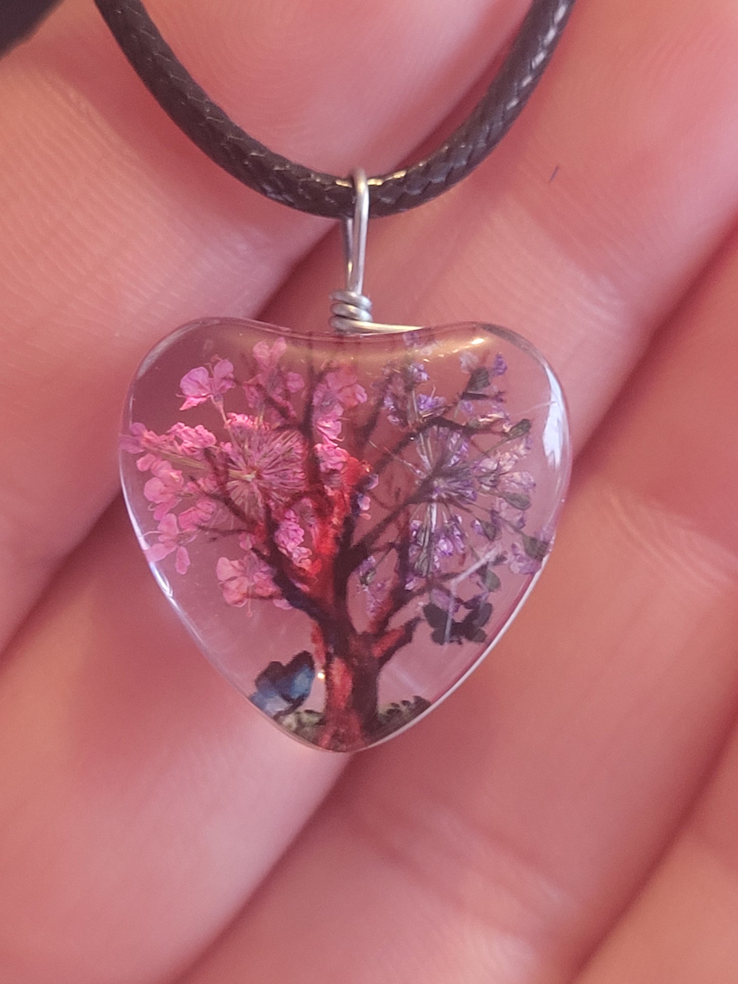 Collier coeur verre fleur rose/violet