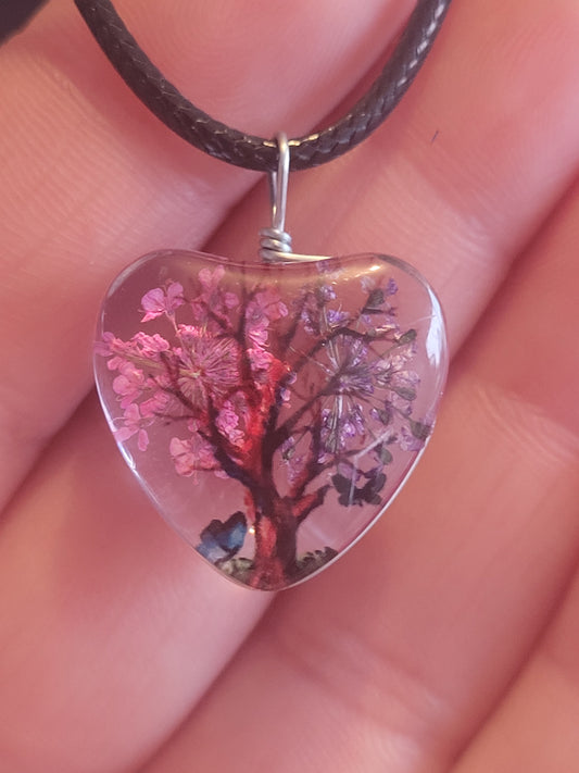 Collier coeur verre fleur rose/violet