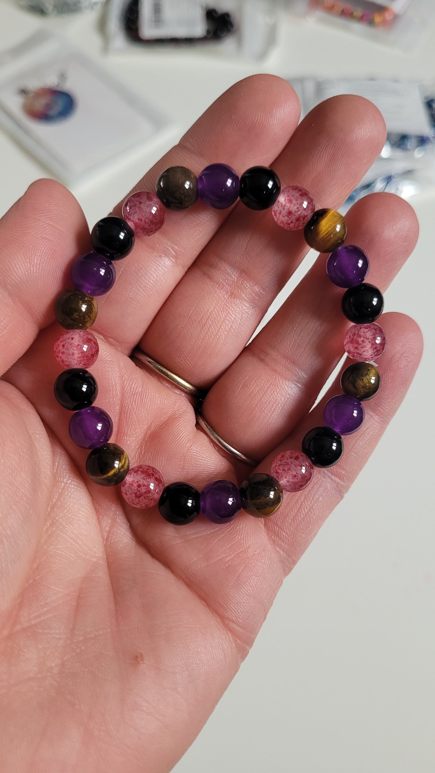 bracelet œil tigre Améthyste et Quartz fumé