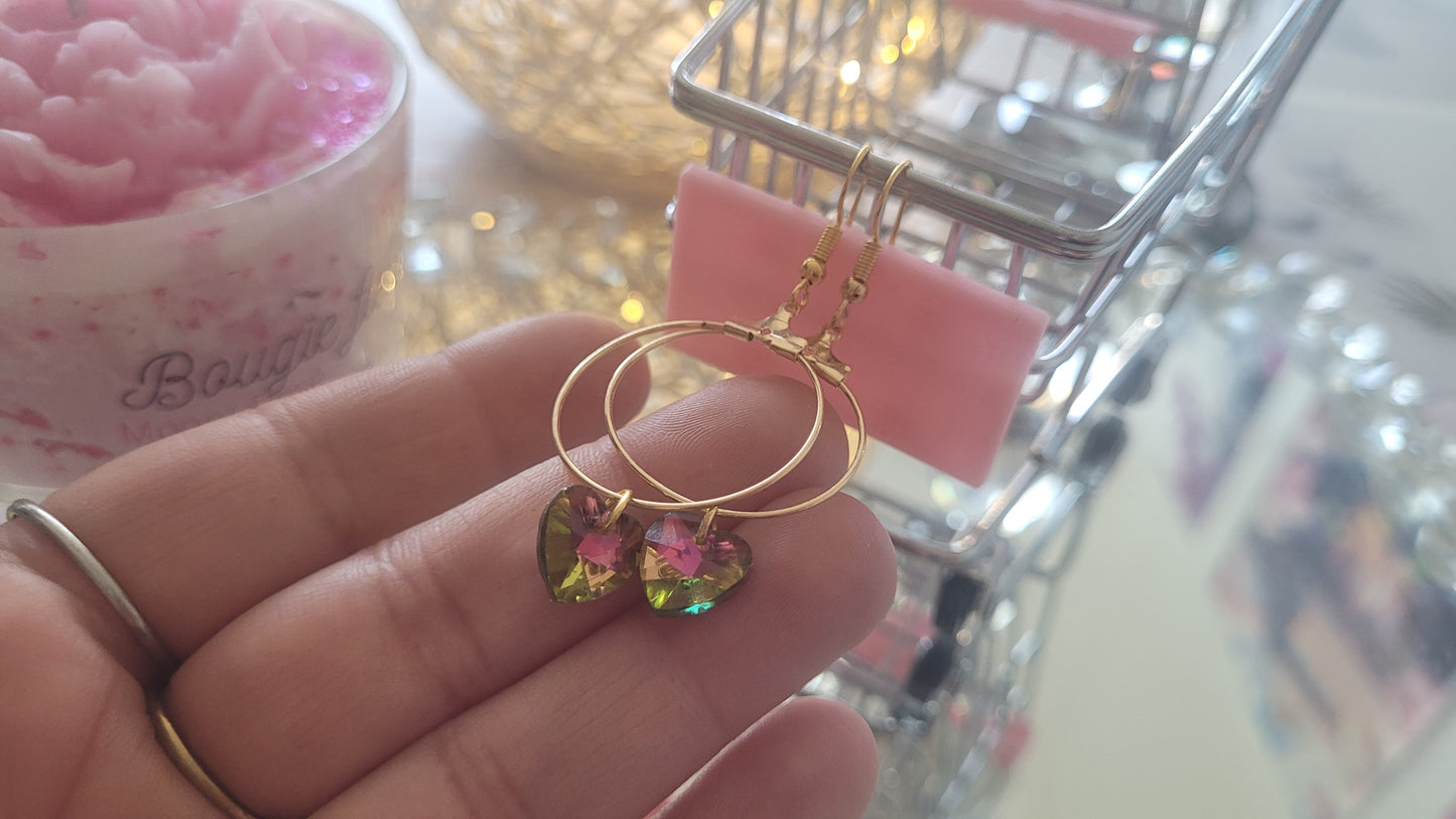 boucles créole coeur vert/rosé