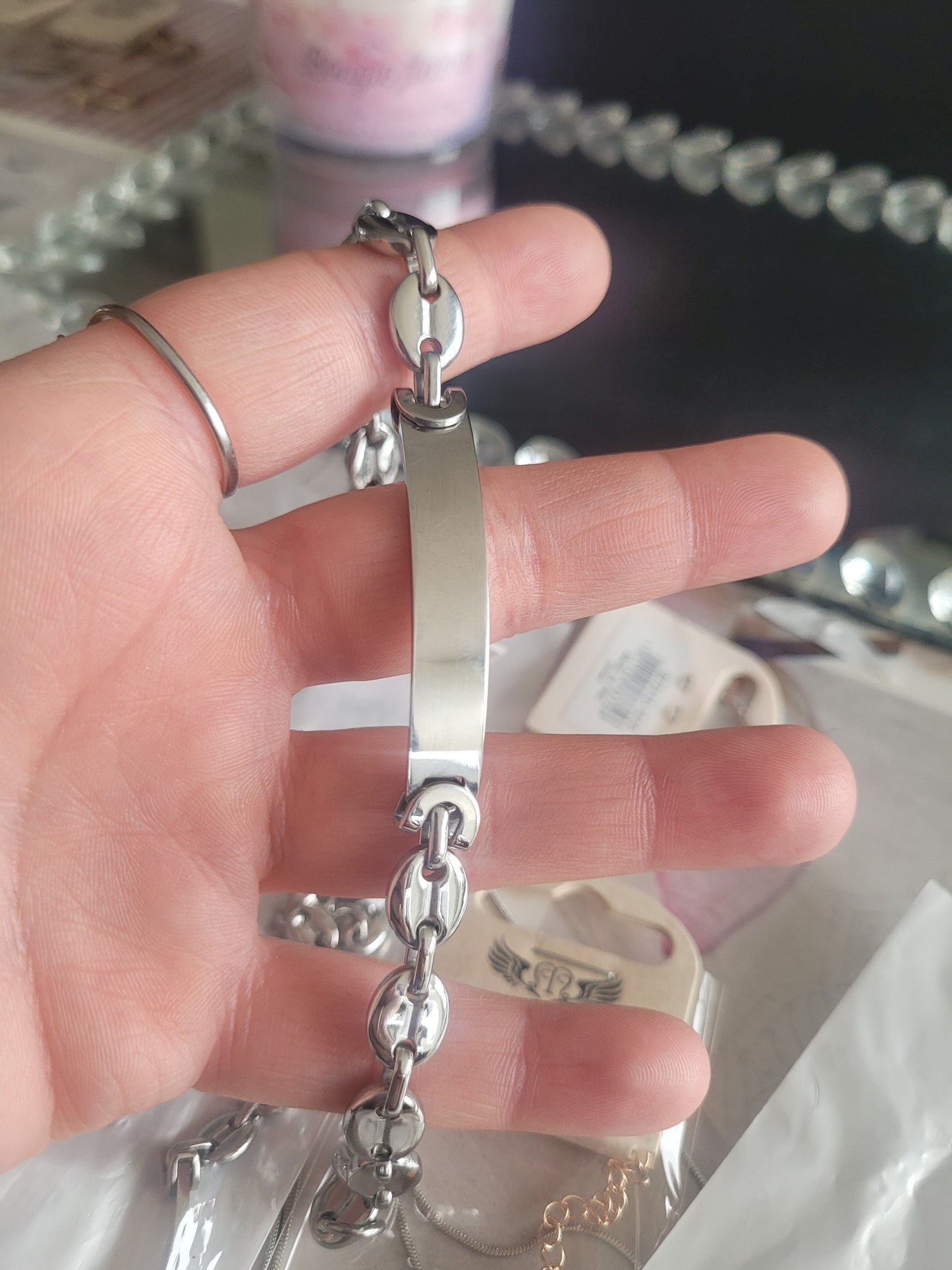 Gourmette grain de café argenté en acier inoxydable