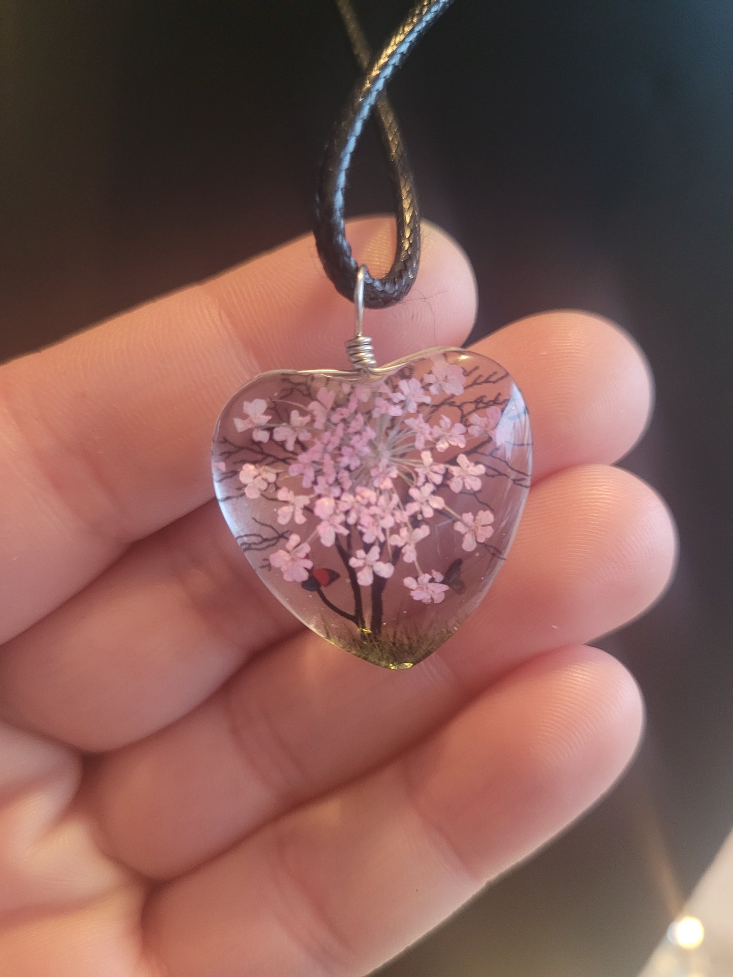 Collier coeur verre fleur rose🌺