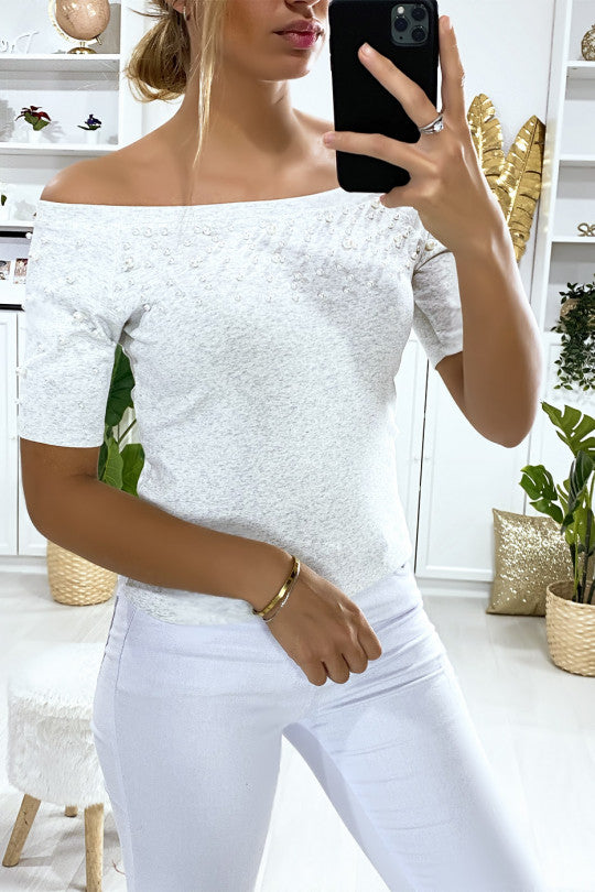 🌴T-shirt gris col bateau avec perles