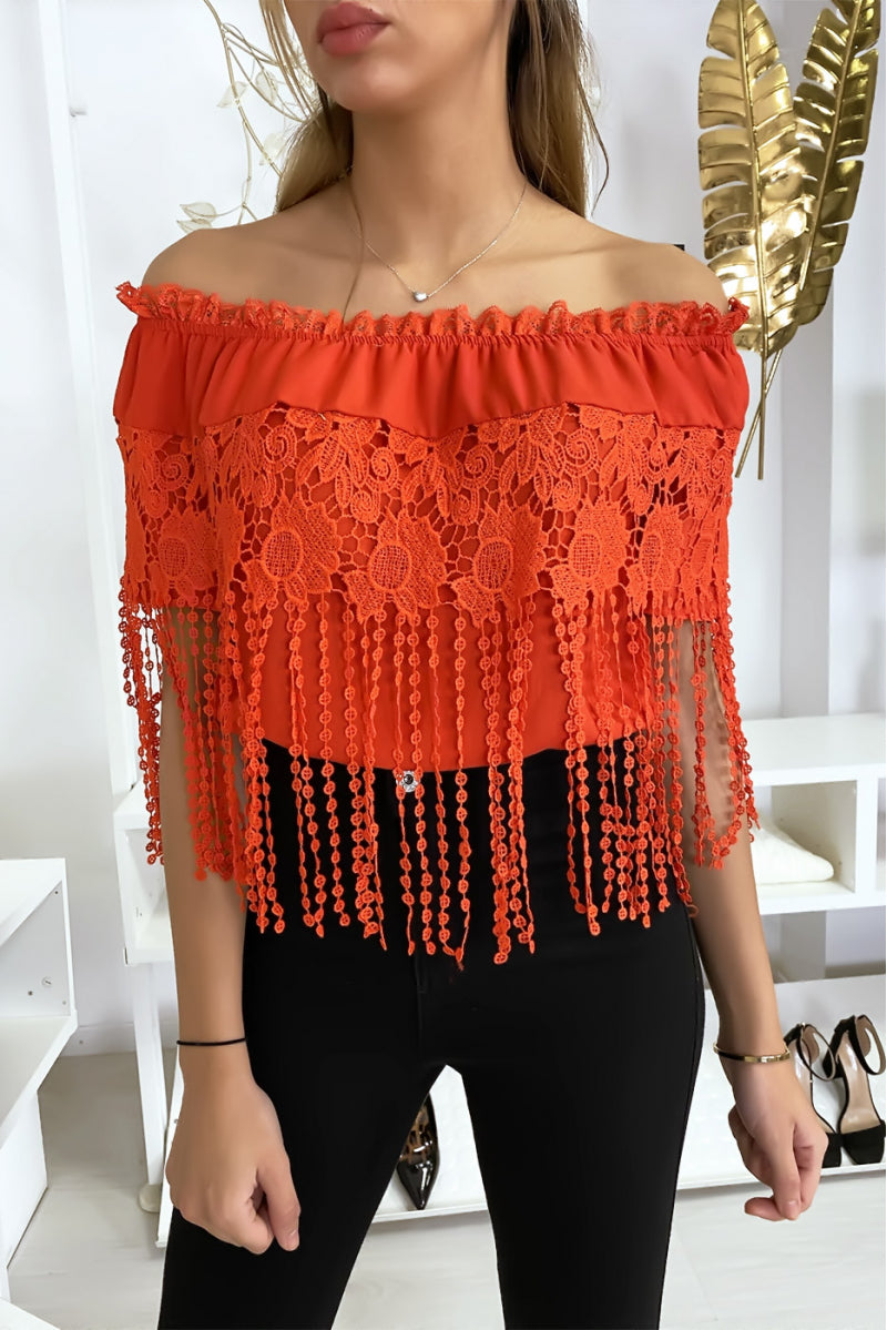 🌷Top bardot rouge à dentelles