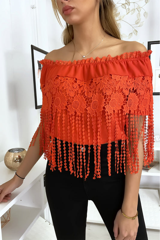 🌷Top bardot rouge à dentelles