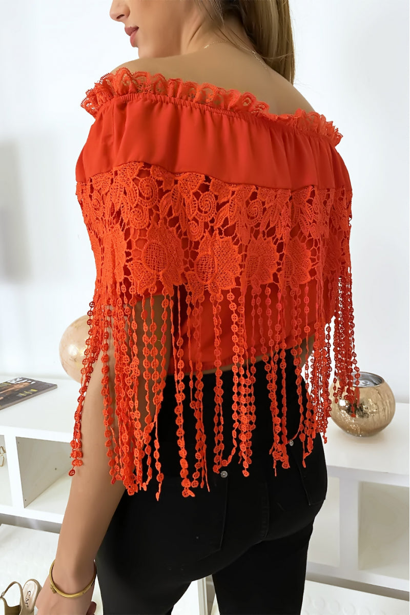 🌷Top bardot rouge à dentelles
