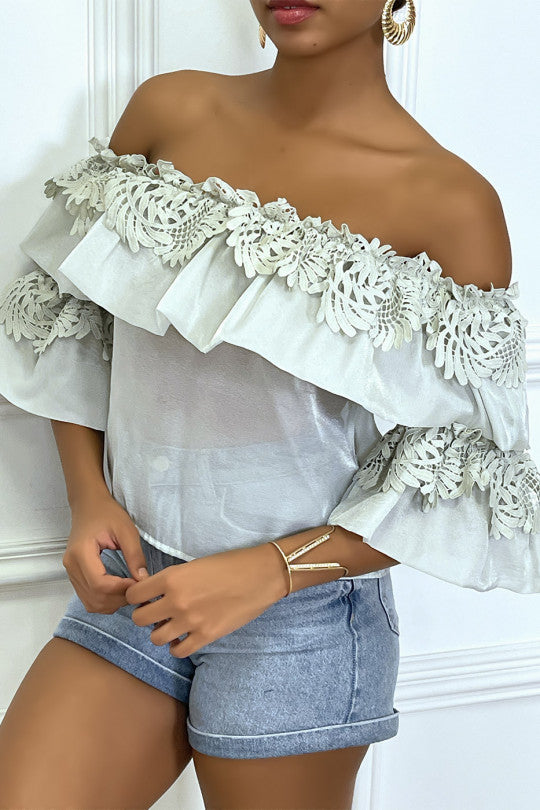 🌺Top bardot vert d'eau à volants