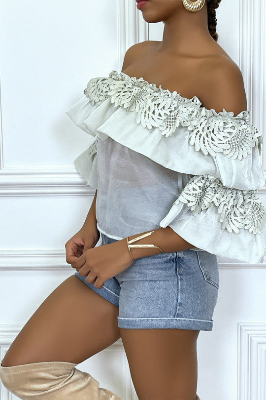 🌼Top bardot vert d'eau à volants