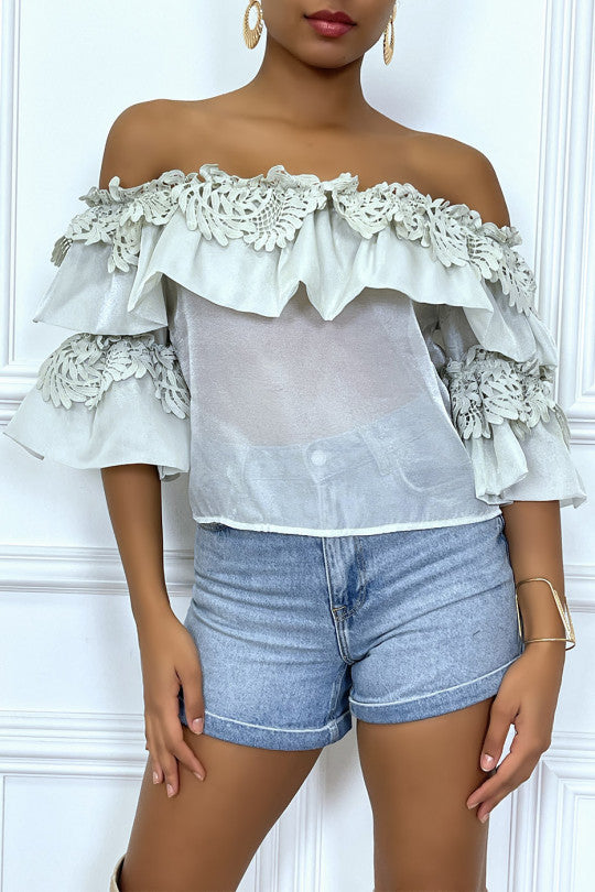 🌼Top bardot vert d'eau à volants